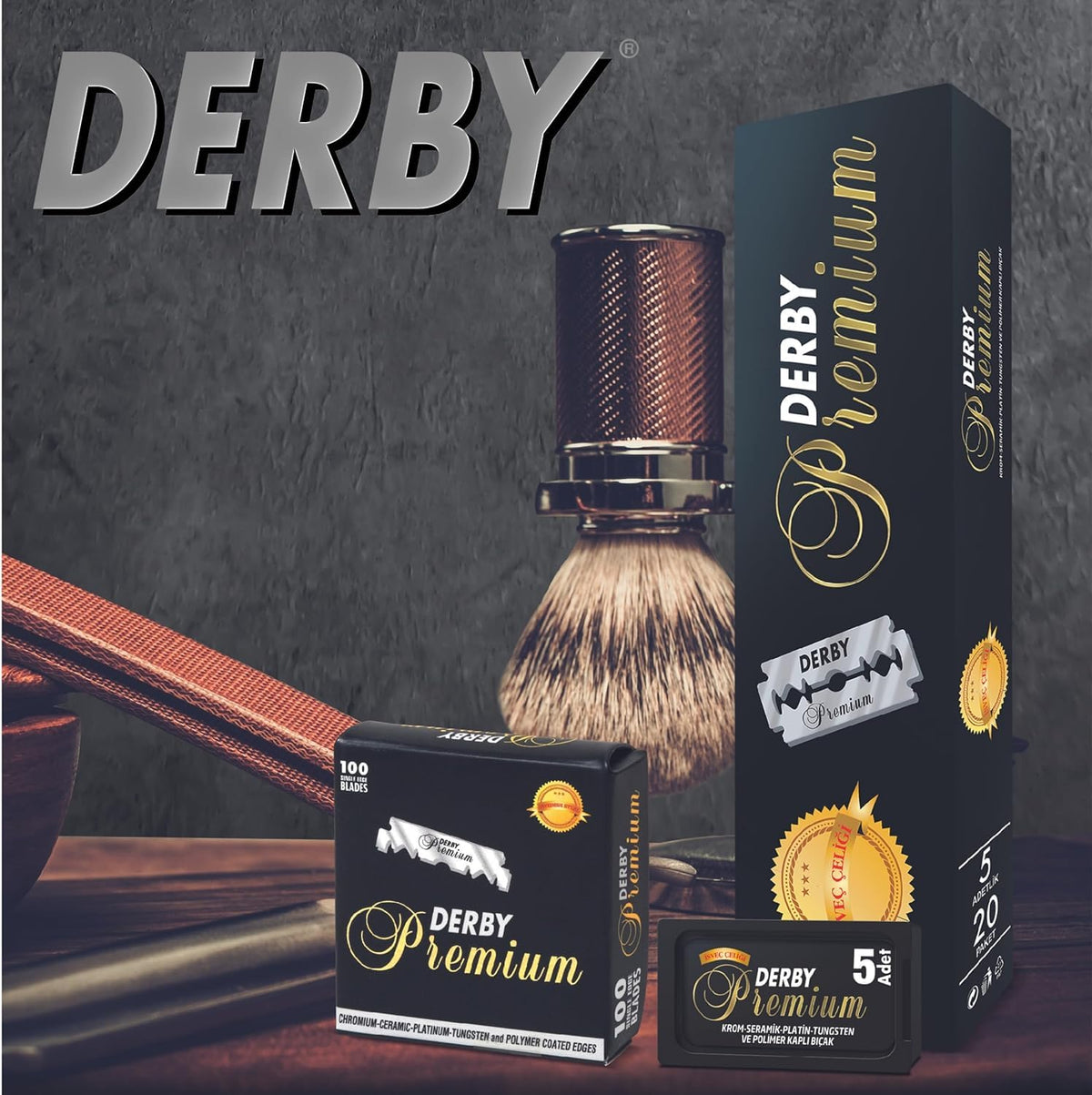 Derby razor blades in a shaving kit