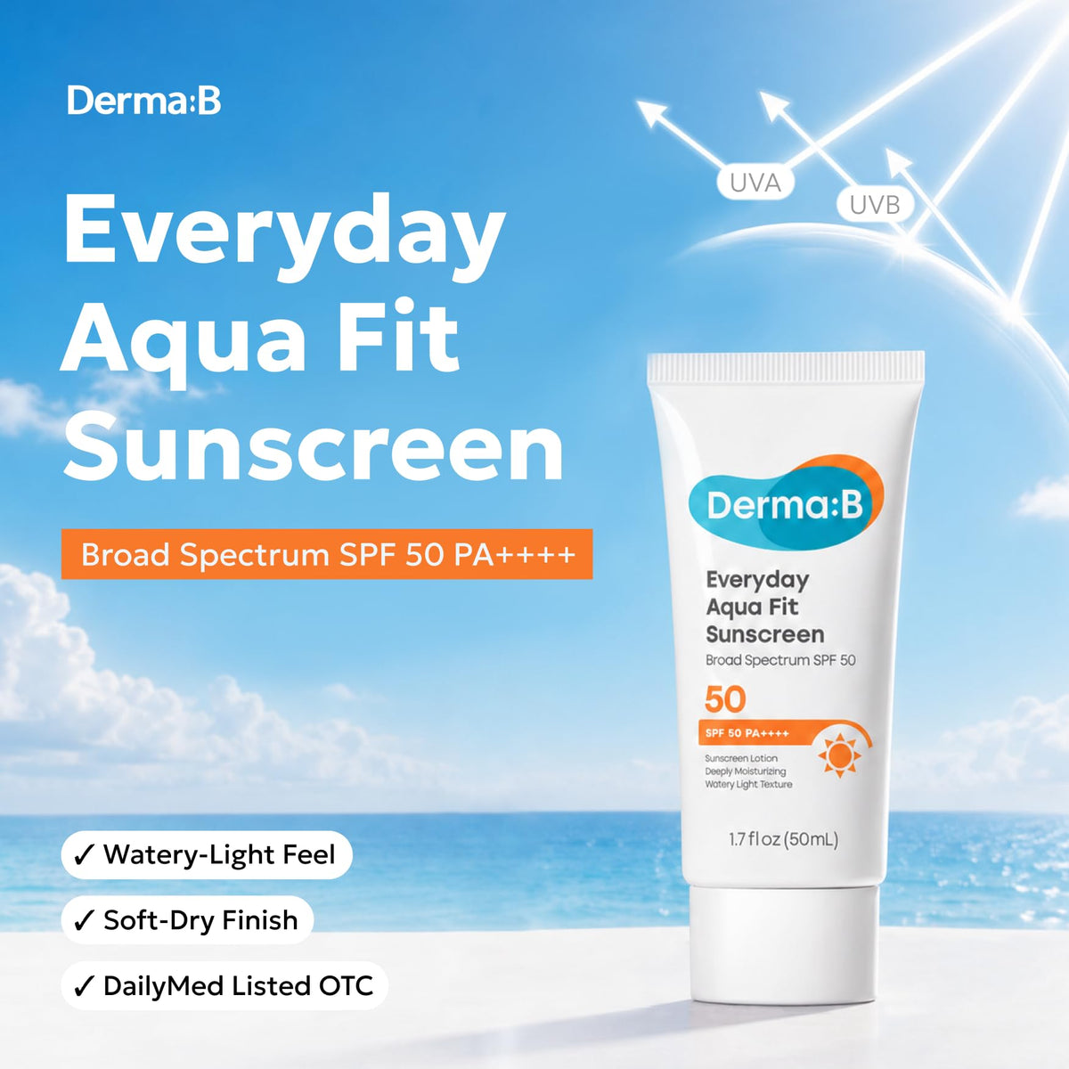 Derma B Everyday Aqua Fit Sunscreen SPF50 PA++++ 50ml back view