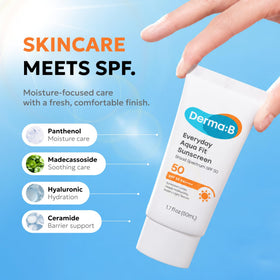 Derma B Everyday Aqua Fit Sunscreen SPF50 PA++++ on a bathroom counter
