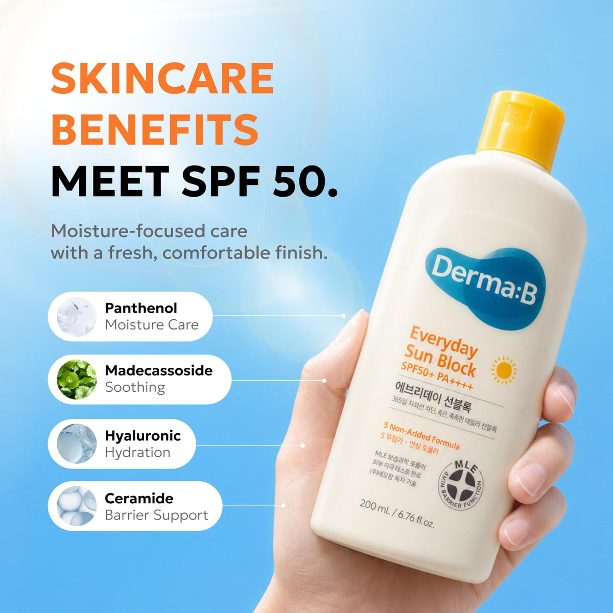 Derma B Everyday Sun Block SPF50+ 200ml application on skin