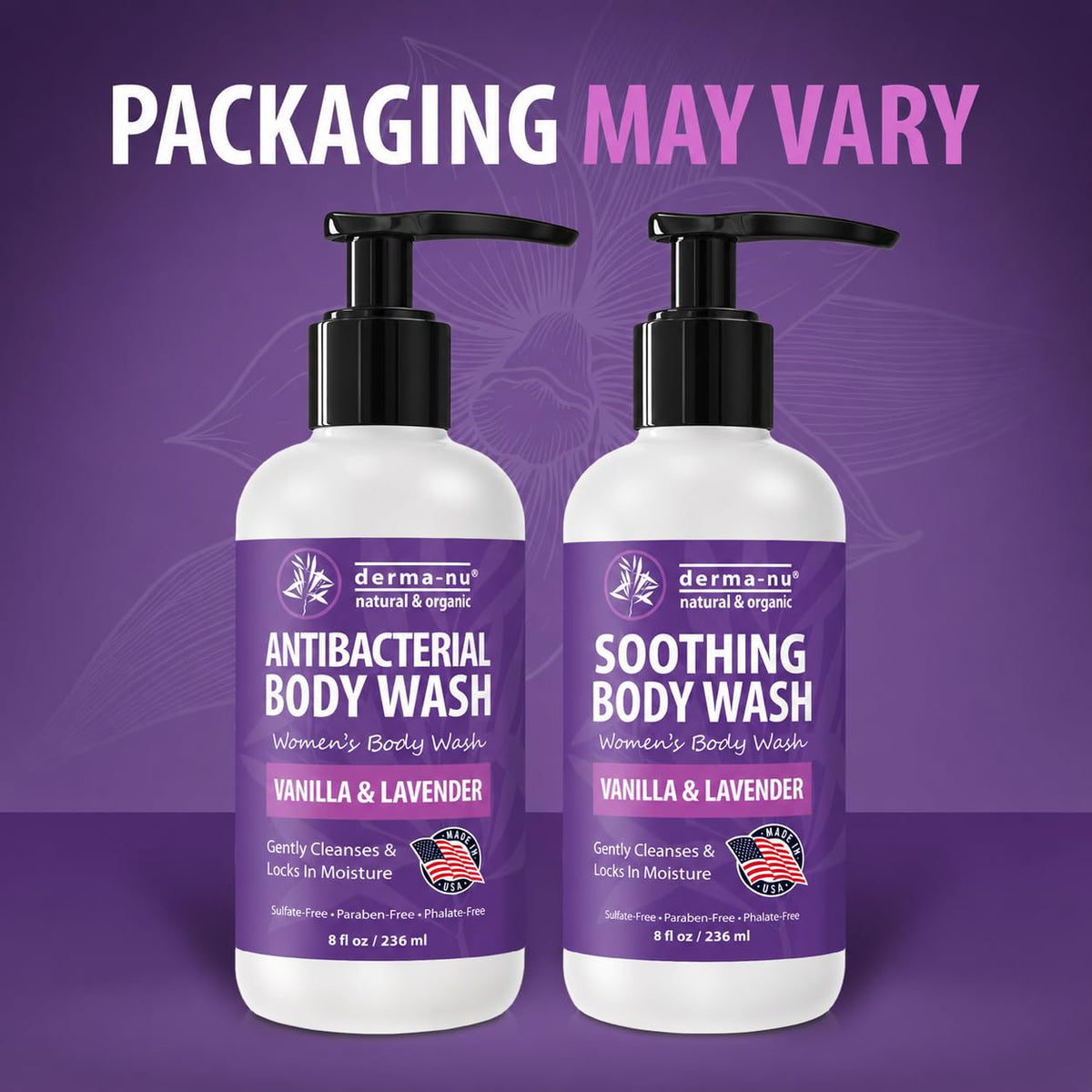 Derma-Nu Lavender & Vanilla Body Wash 8 oz with ingredients