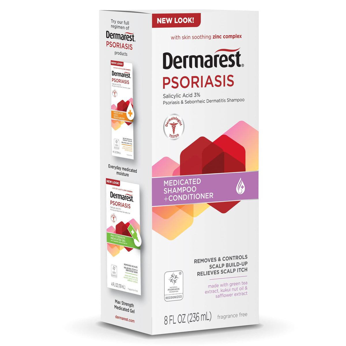 Dermarest Psoriasis Shampoo and Conditioner bottles on a bathroom shelf