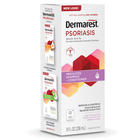 Dermarest Psoriasis Shampoo and Conditioner bottles on a bathroom shelf