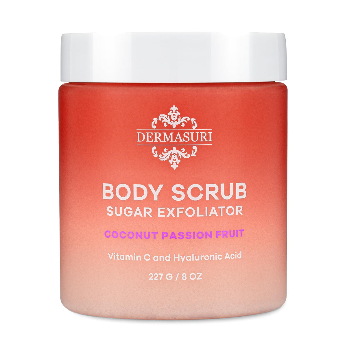 Dermasuri Exfoliating Sugar Scrub Coconut Passion Fruit with a loofah