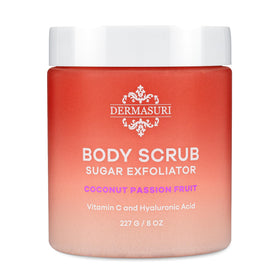 Dermasuri Exfoliating Sugar Scrub Coconut Passion Fruit with a loofah
