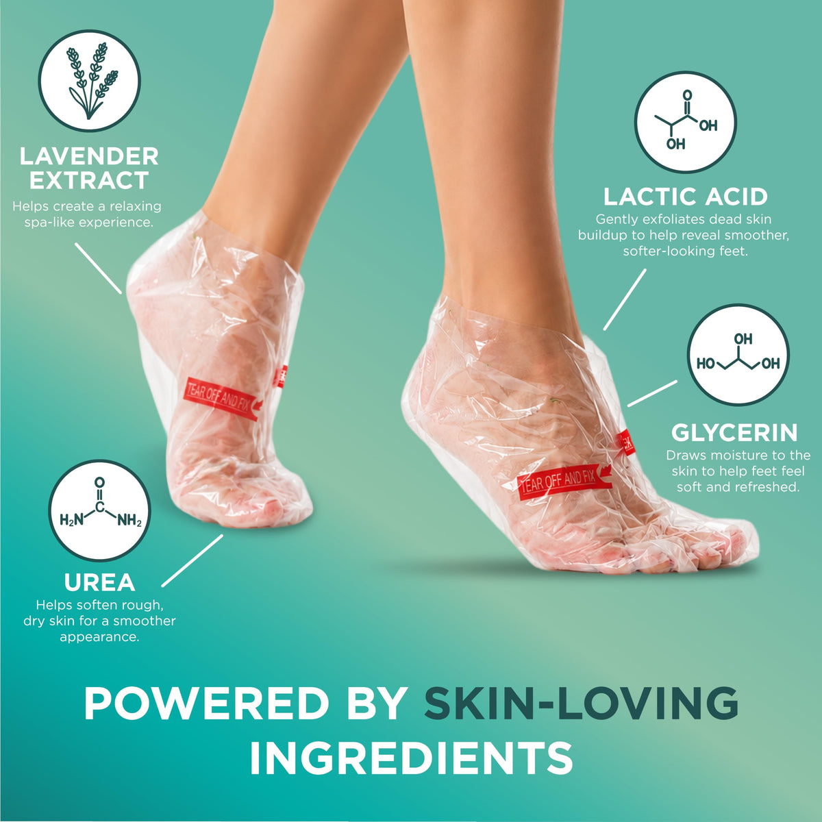 DERMORA Foot Peel Mask booties with ingredients