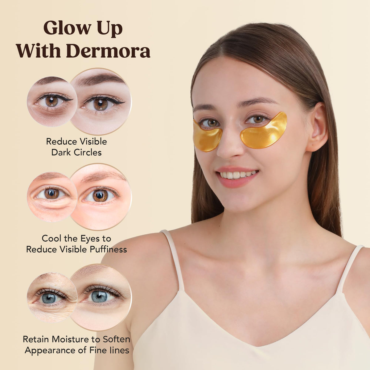 DERMORA Golden Glow Under Eye Patches being applied under eyes