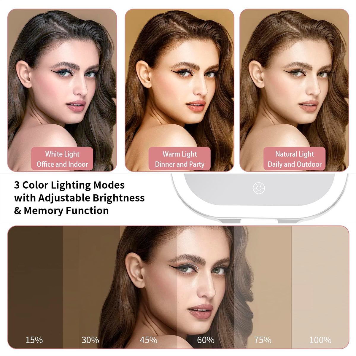 DESCHEN Travel Makeup Mirror showing LED lighting