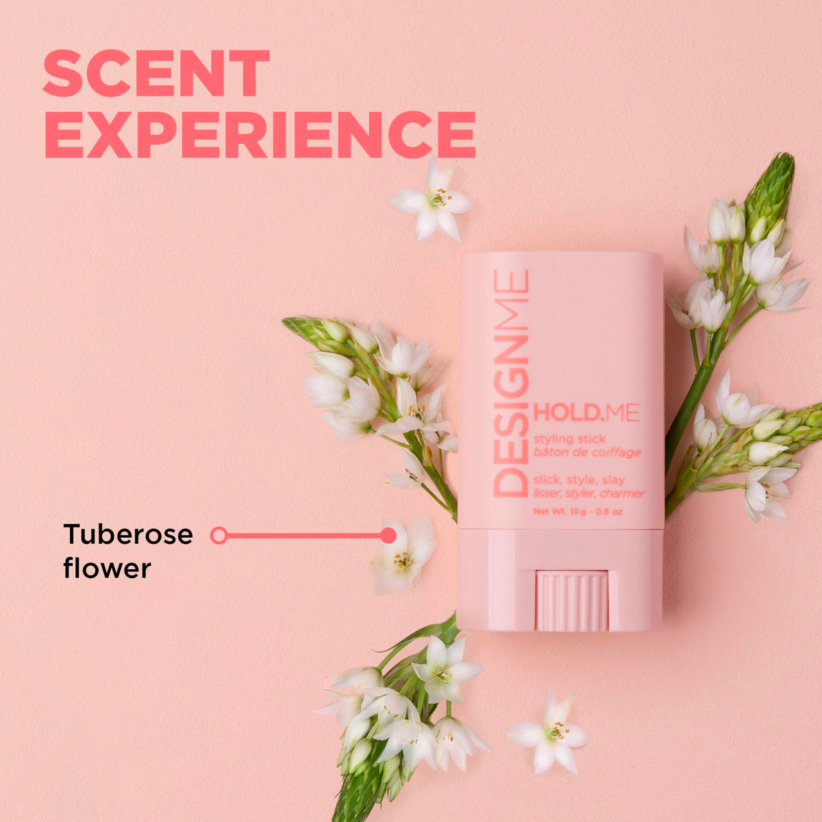 Design.Me HOLD.ME Styling Stick side view with ingredients list