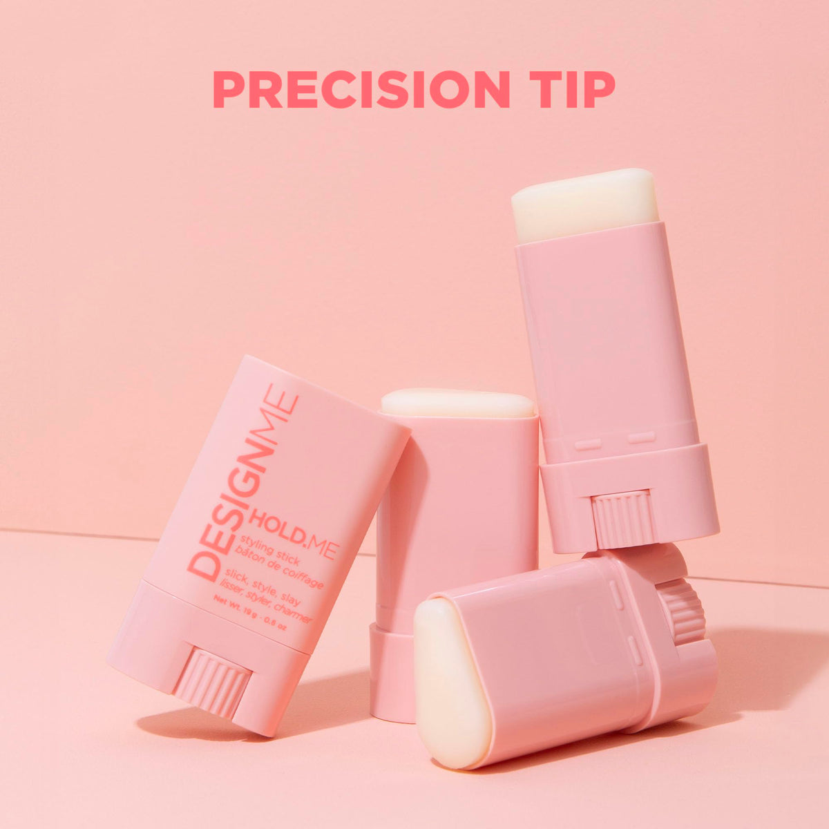 Design.Me HOLD.ME Styling Stick with a model showcasing styled hair