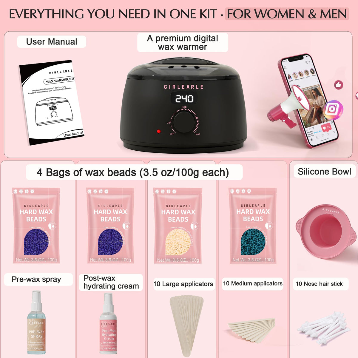 Detachable pink silicone wax bowl from the GIRLEARLE kit