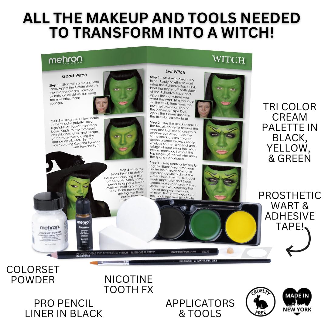 Detailed view of Mehron witch makeup products in the kit