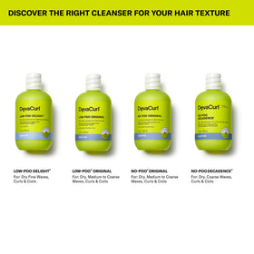 DevaCurl No-Poo Original Cleanser lifestyle scene with curls