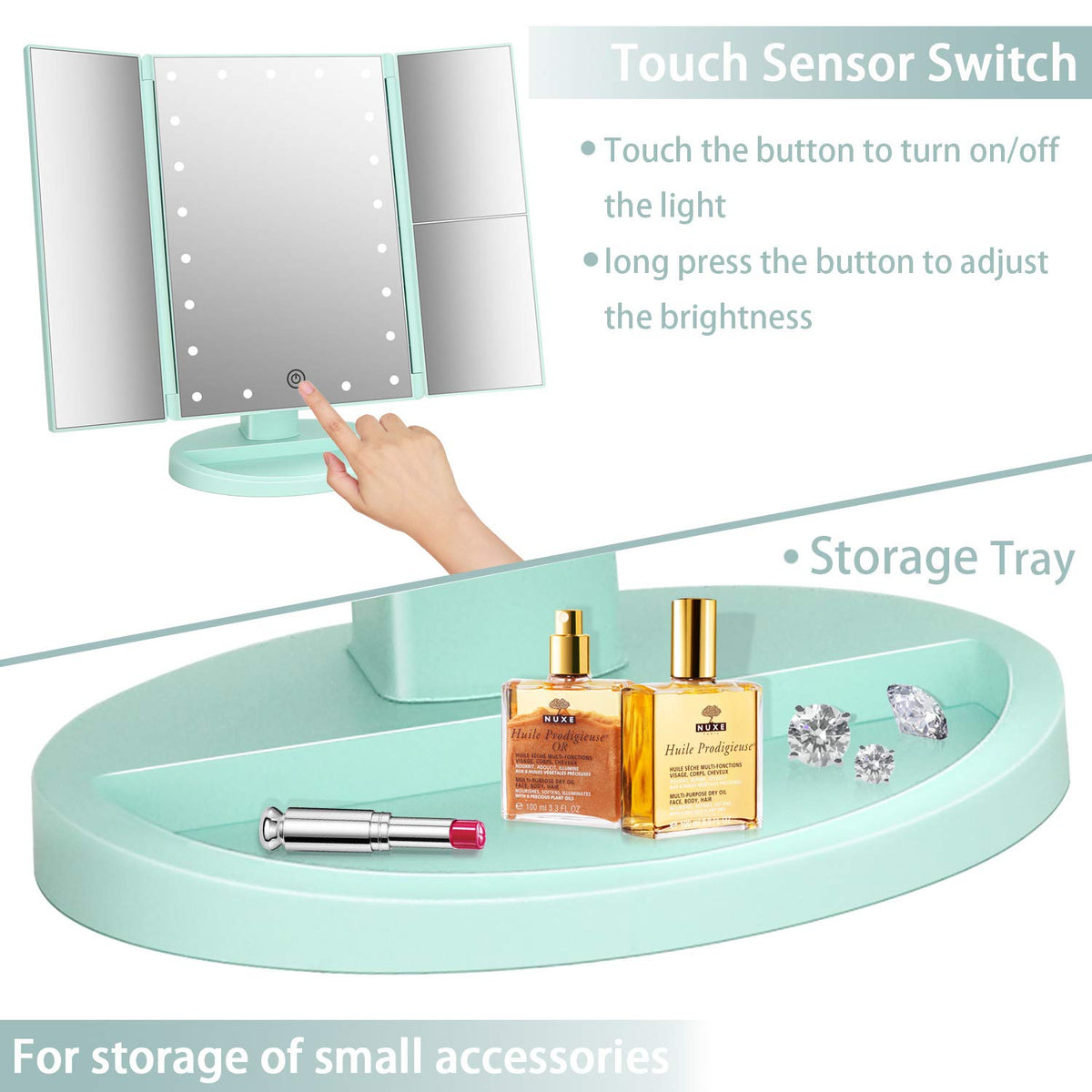deweisn Tri-Fold Lighted Makeup Mirror close-up on touch sensor switch