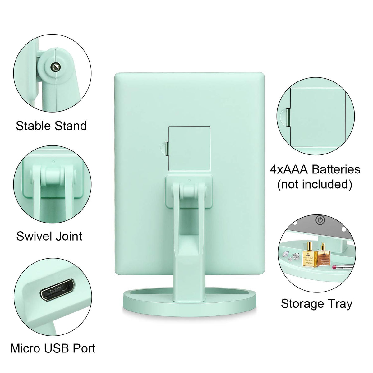 deweisn Tri-Fold Lighted Makeup Mirror showing USB cable and battery compartment