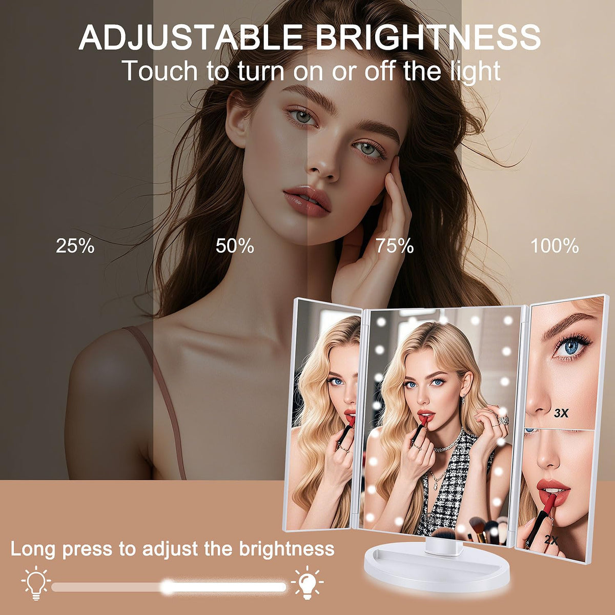 deweisn Tri-Fold Lighted Vanity Mirror close-up of touch sensor