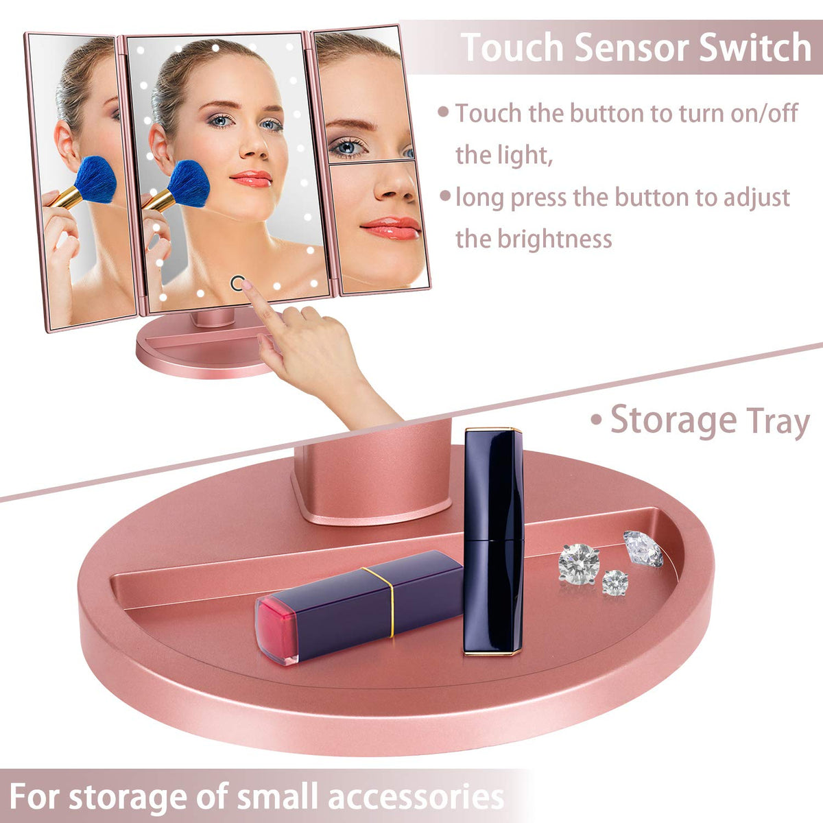 deweisn Tri-Fold Lighted Vanity Mirror with 3X magnification detail