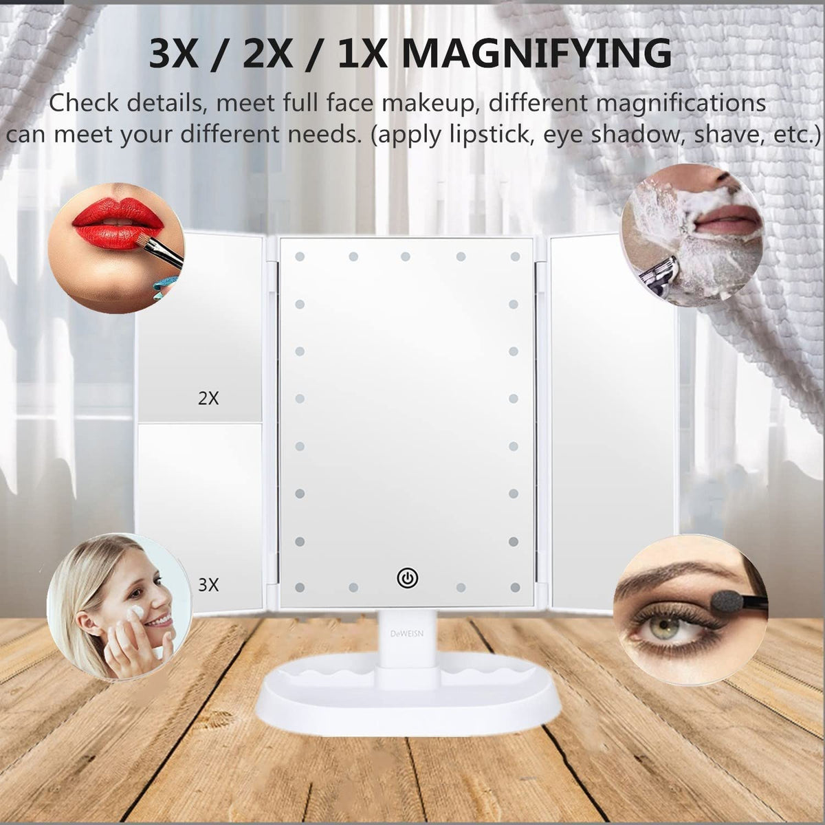 deweisn Trifold Lighted Makeup Mirror showing storage base for cosmetics