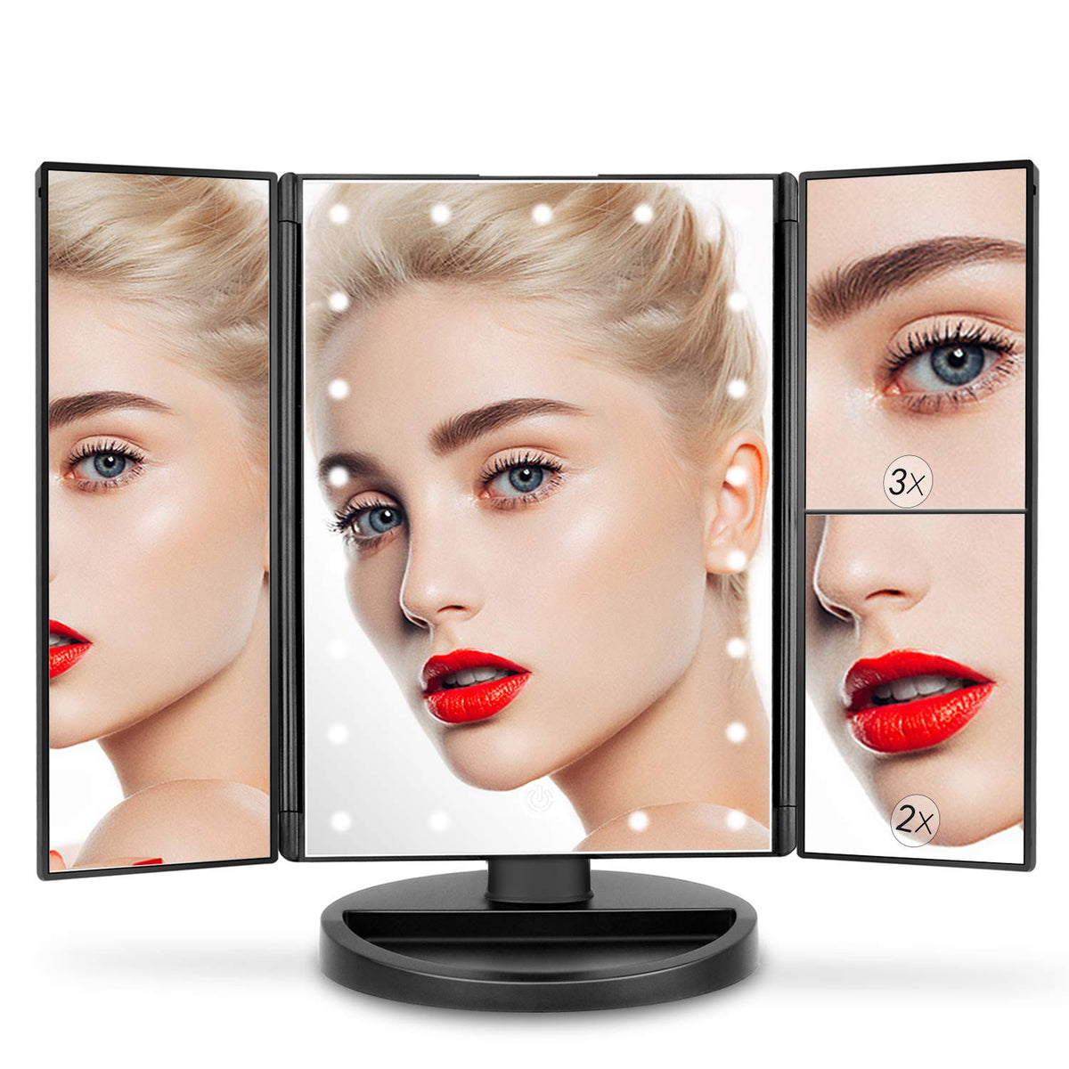 deweisn Trifold Lighted Vanity Mirror base holding jewellery and cosmetics