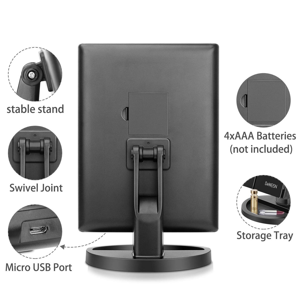 deweisn Trifold Lighted Vanity Mirror side view showing magnification options