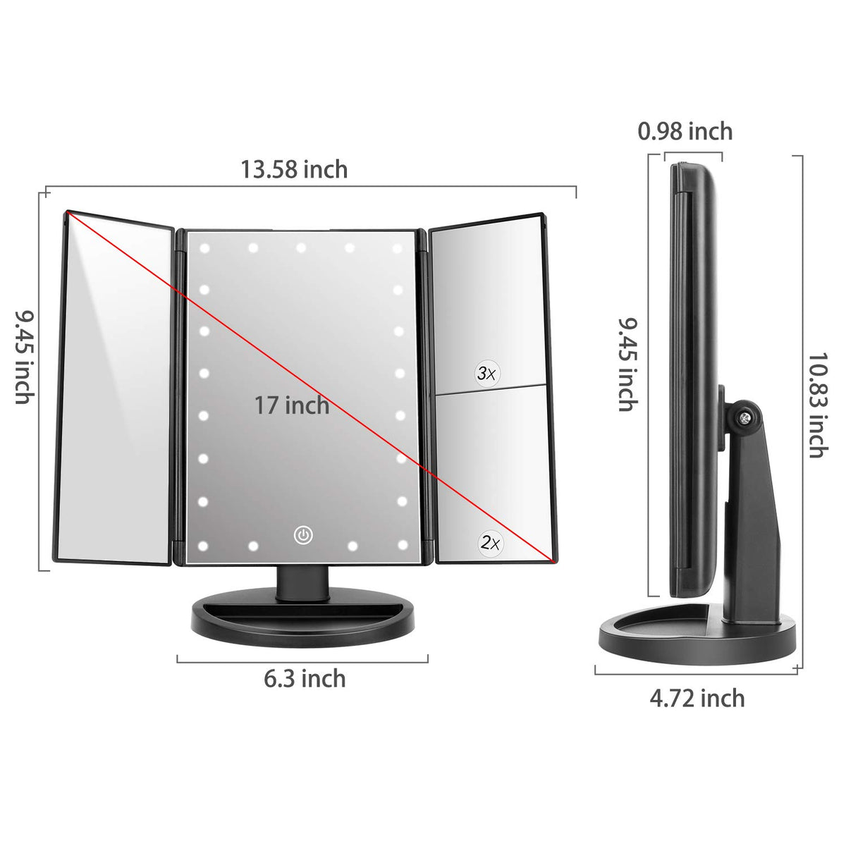 deweisn Trifold Lighted Vanity Mirror with touch sensor switch illuminated