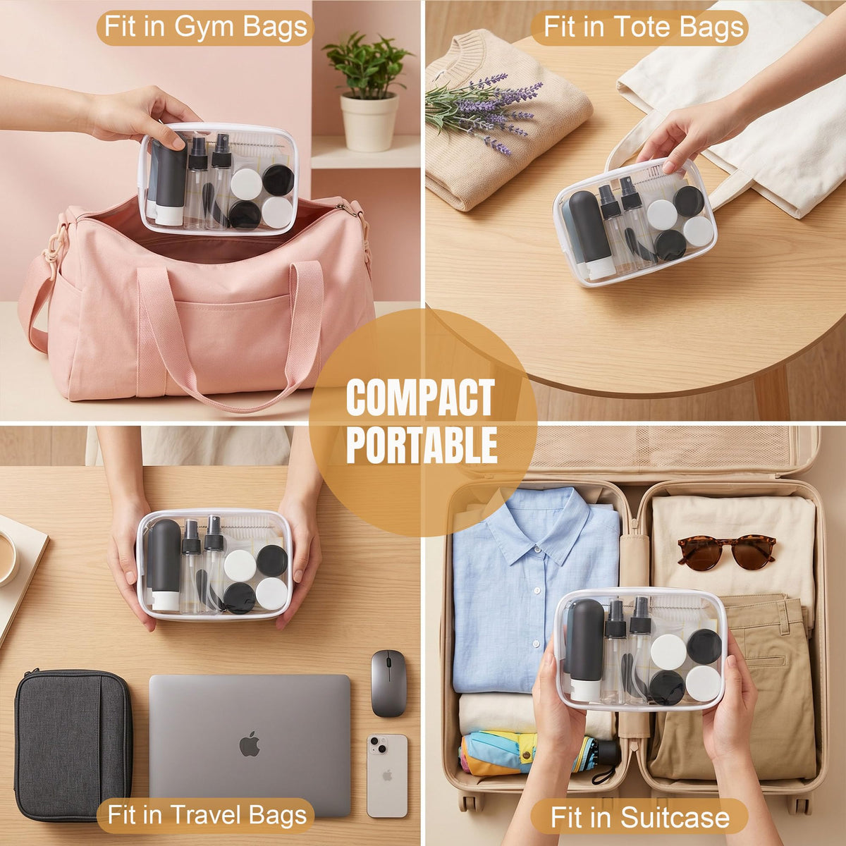 DEWSENSI travel bottles in a compact travel setup