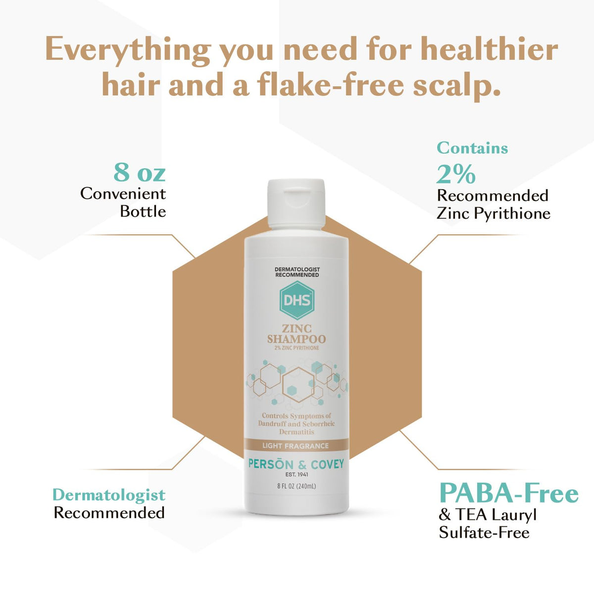 DHS Zinc Shampoo 8 oz bottle on a bathroom shelf