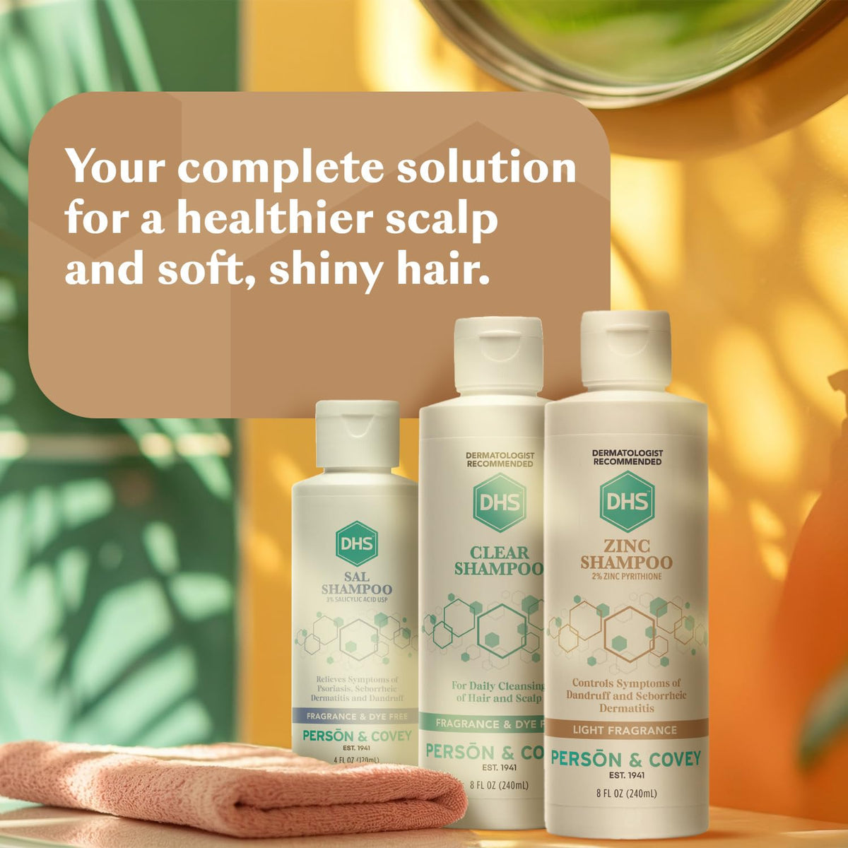 DHS Zinc Shampoo 8 oz displayed with hair care products