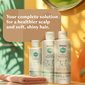 DHS Zinc Shampoo 8 oz displayed with hair care products
