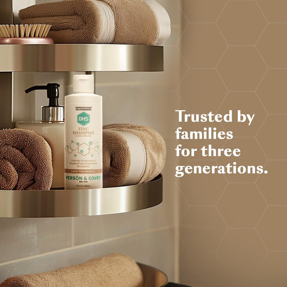 DHS Zinc Shampoo 8 oz with soft shiny hair in background