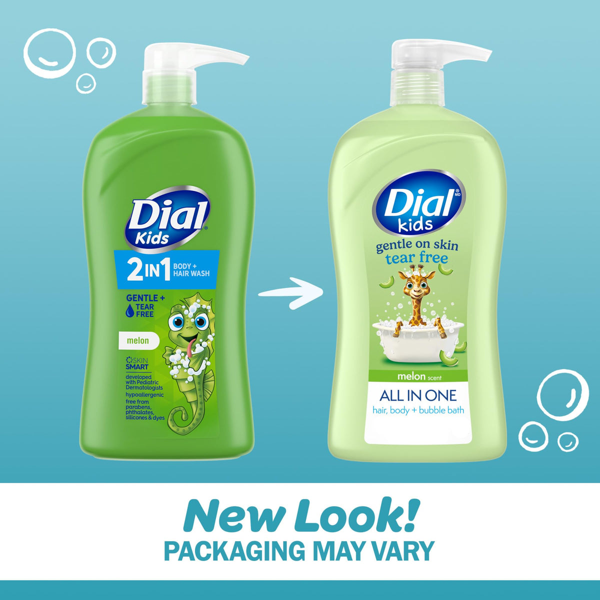 Dial Kids Body Wash back view, ingredients list and usage instructions