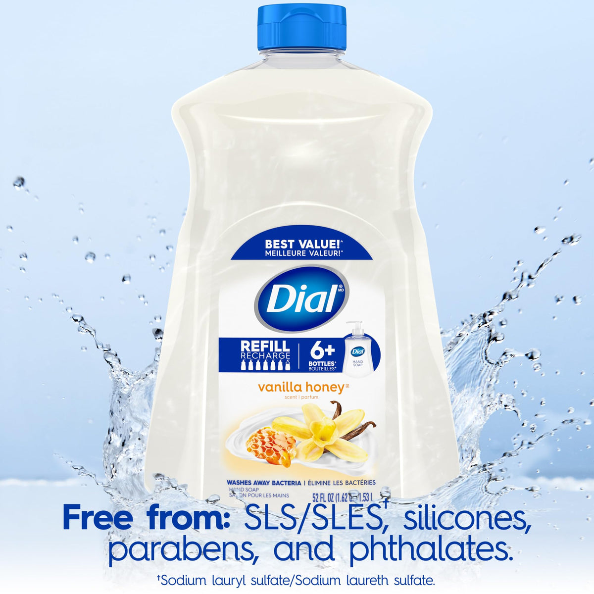 Dial Liquid Hand Soap Vanilla Honey 52 Fl Oz refill pack with ingredients list