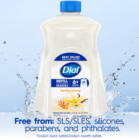 Dial Liquid Hand Soap Vanilla Honey 52 Fl Oz refill pack with ingredients list