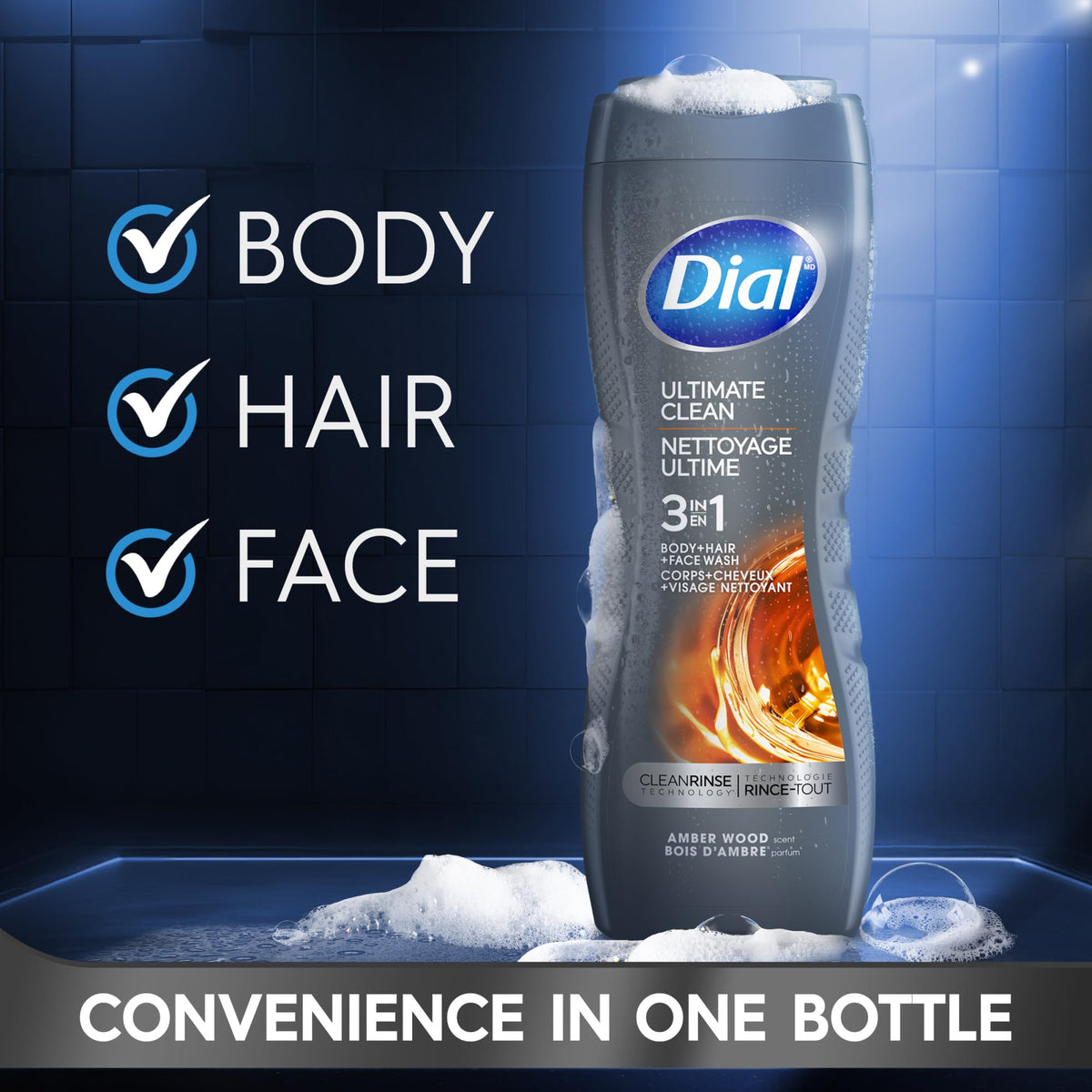 Dial Men 3 in 1 Body Wash 16 Fl Oz back view with ingredient list