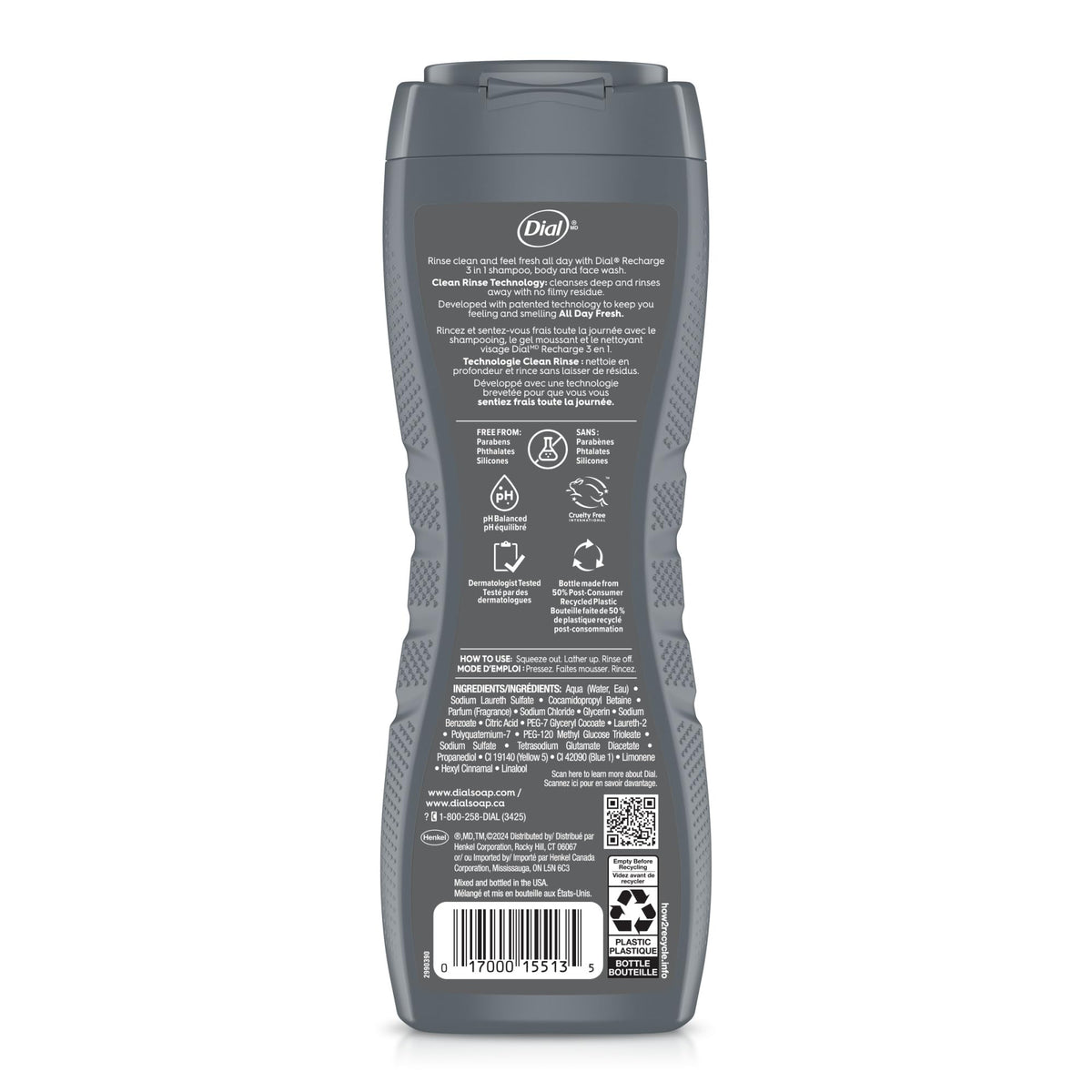 Dial Men 3 in 1 Body Wash 16 Fl Oz Cedar Leaf Scent packaging details