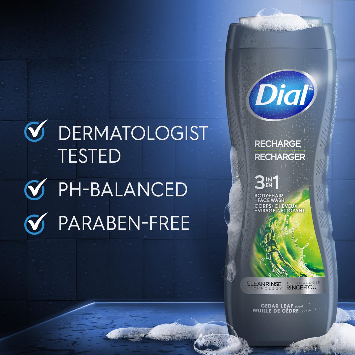 Dial Men 3 in 1 Body Wash 16 Fl Oz Cedar Leaf Scent with lather on washcloth