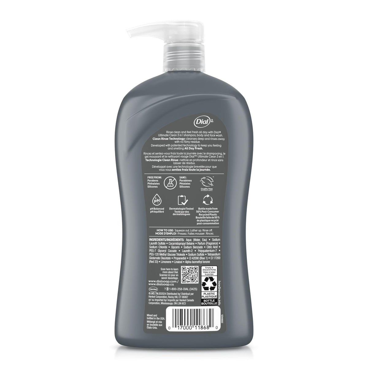 Dial Men 3-in-1 Body Wash ingredients on bottle