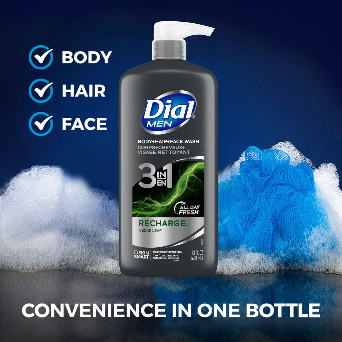 Dial Men 3-in-1 Body Wash lathering on skin in shower