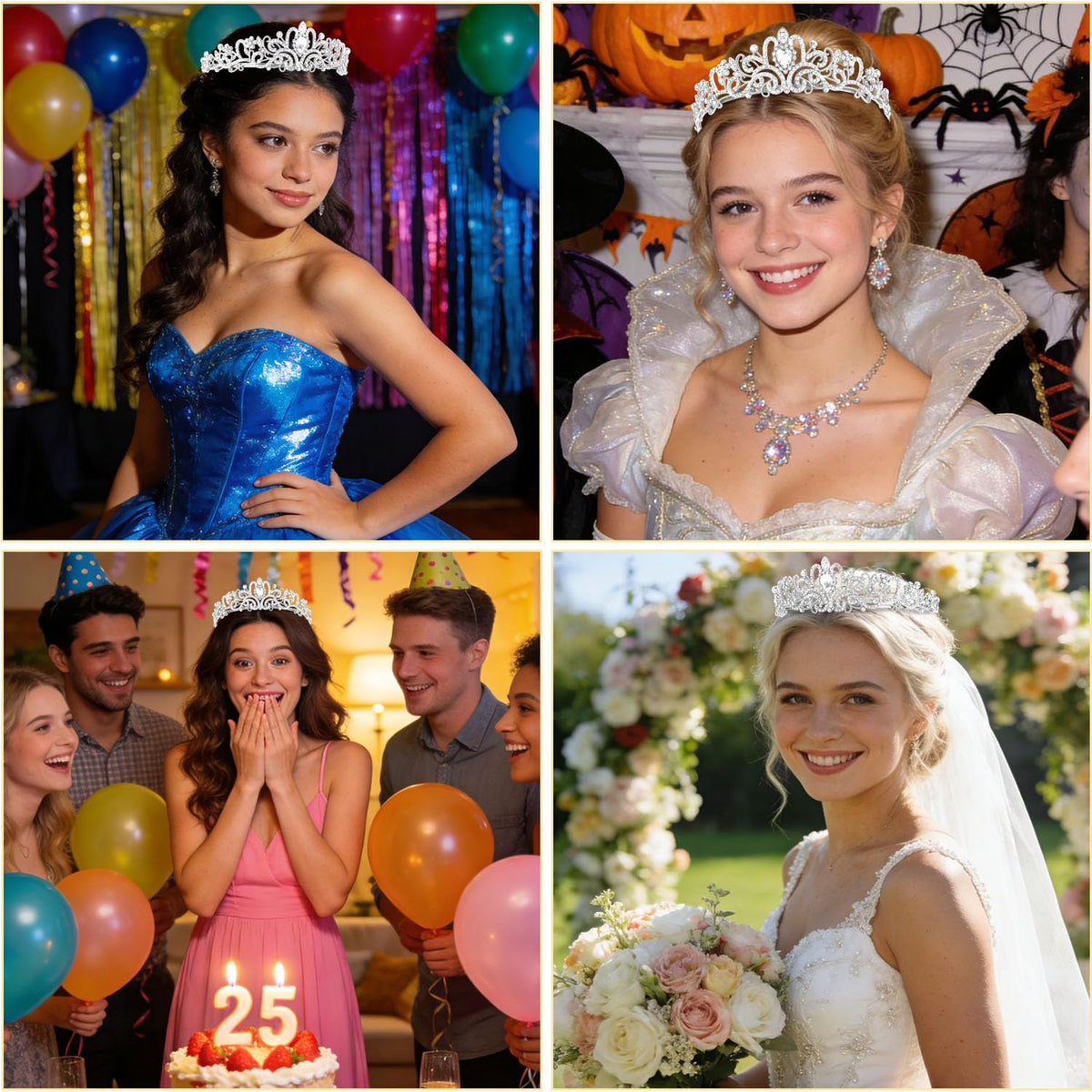Didder Silver Crystal Tiara Crown Headband on model at a wedding