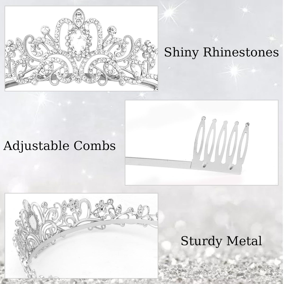 Didder Silver Crystal Tiara Crown Headband side view showing combs