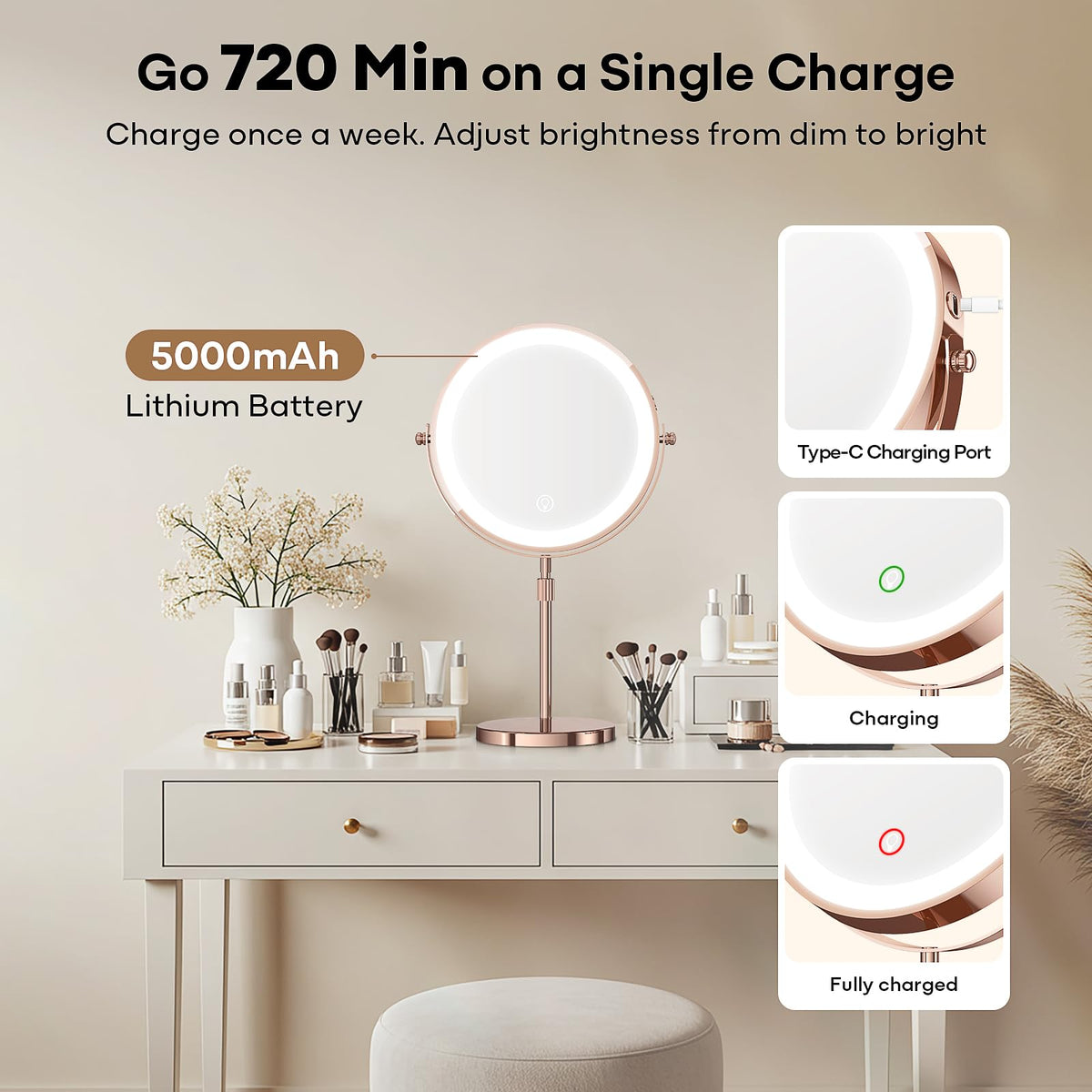 Dienmern makeup mirror showing height adjustment feature