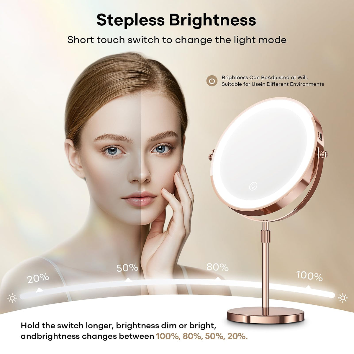 Dienmern makeup mirror with adjustable brightness settings