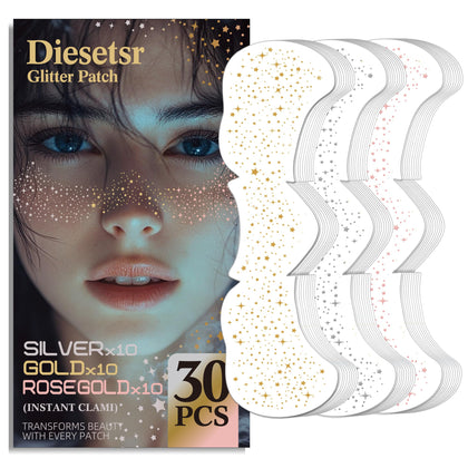 Diesetsr Glitter Freckles Face Tattoos pack front view with gold, silver, and rose gold stickers