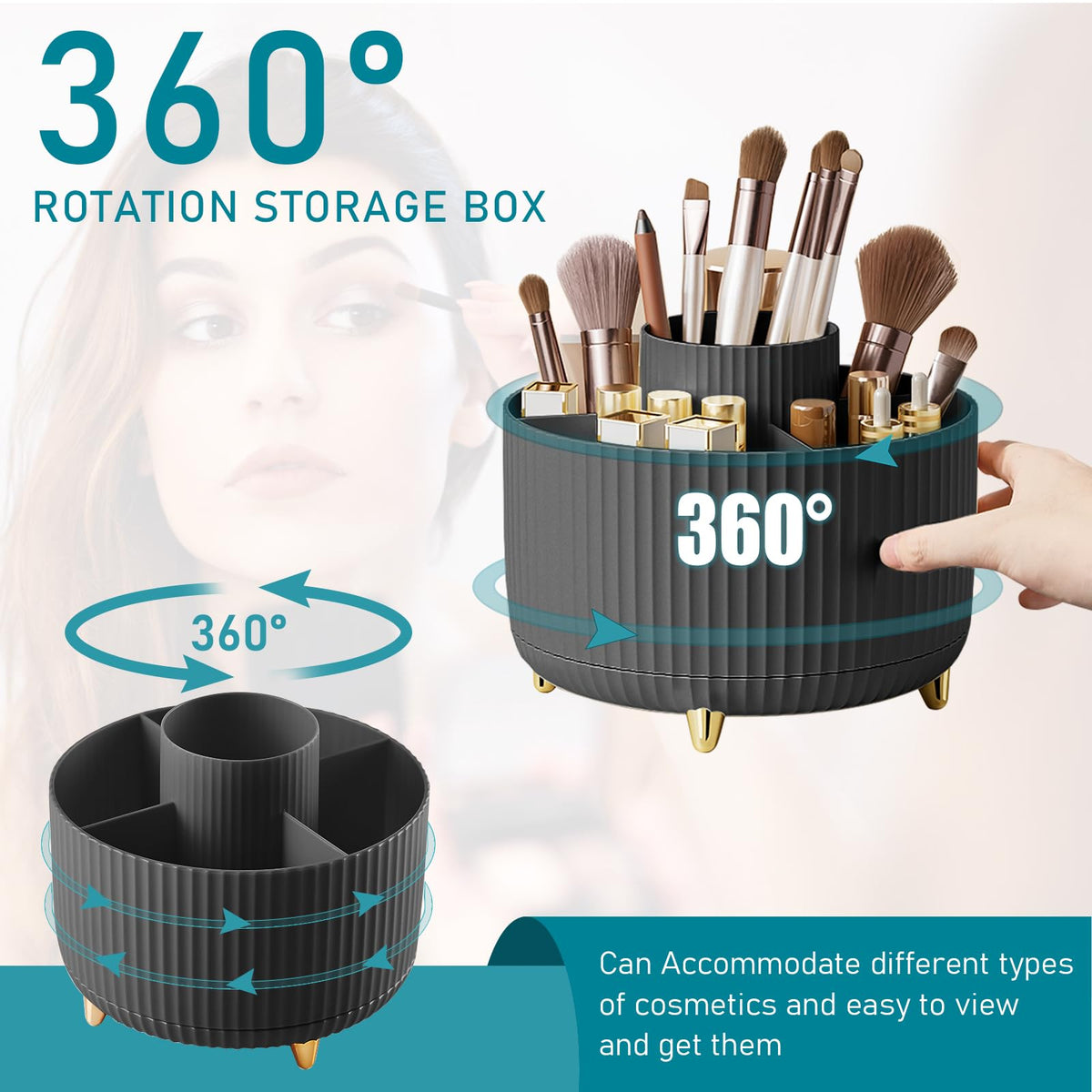 Diesisa 360° Rotating Makeup Brush Holder showing five compartments