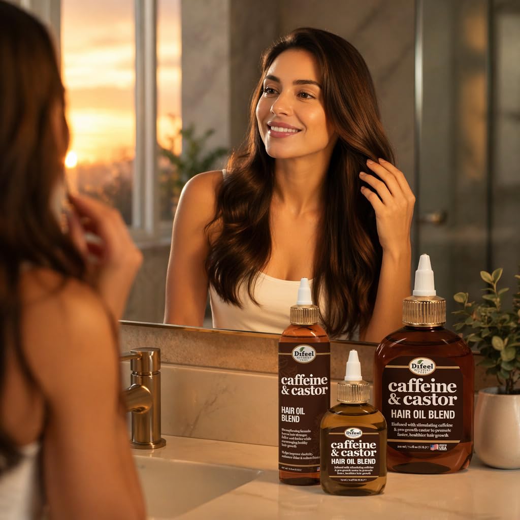 Difeel Caffeine & Castor Hair Oil Blend 8 oz in a bathroom setting