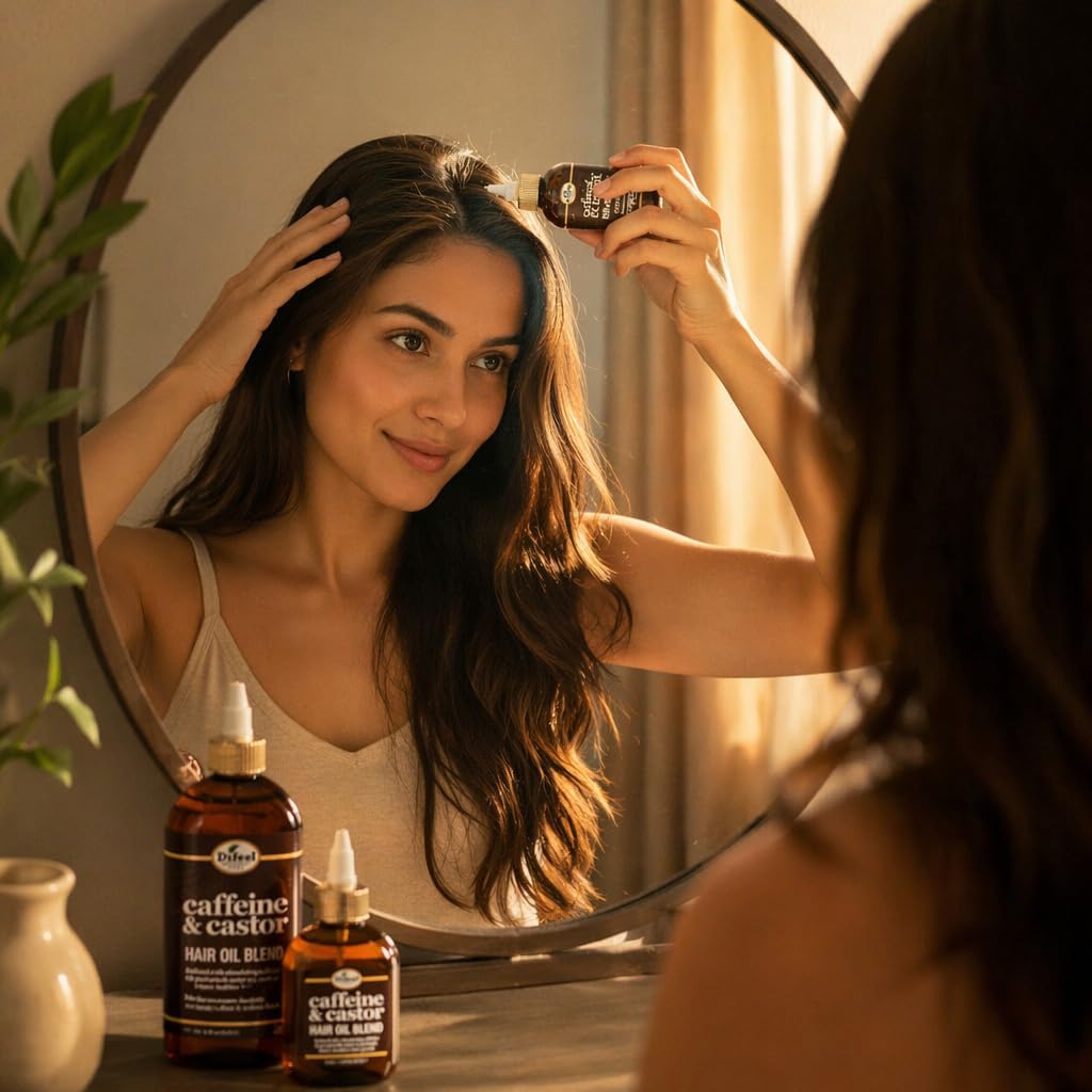 Difeel Caffeine & Castor Hair Oil Blend 8 oz on a wooden table