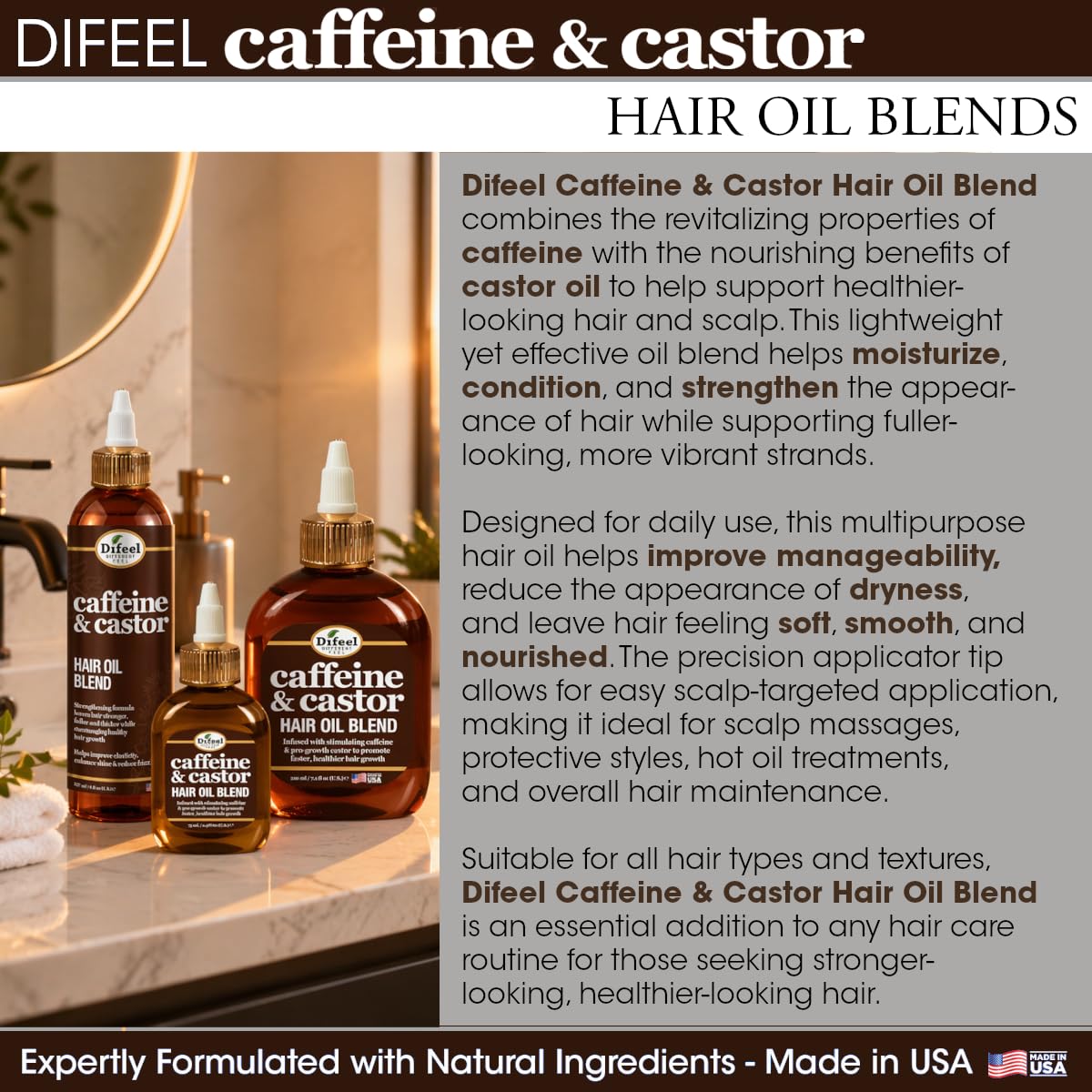 Difeel Caffeine & Castor Hair Oil Blend 8 oz with dropper