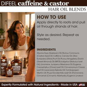 Difeel Caffeine & Castor Hair Oil Blend 8 oz with hair styling tools