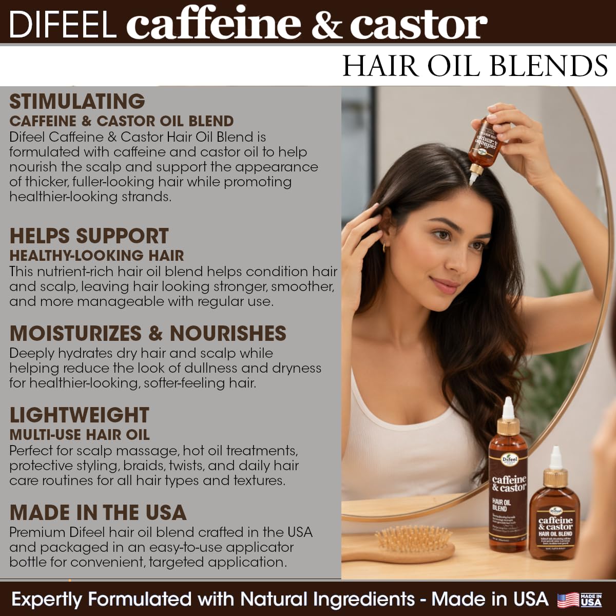 Difeel Caffeine & Castor Hair Oil Blend 8 oz with natural ingredients