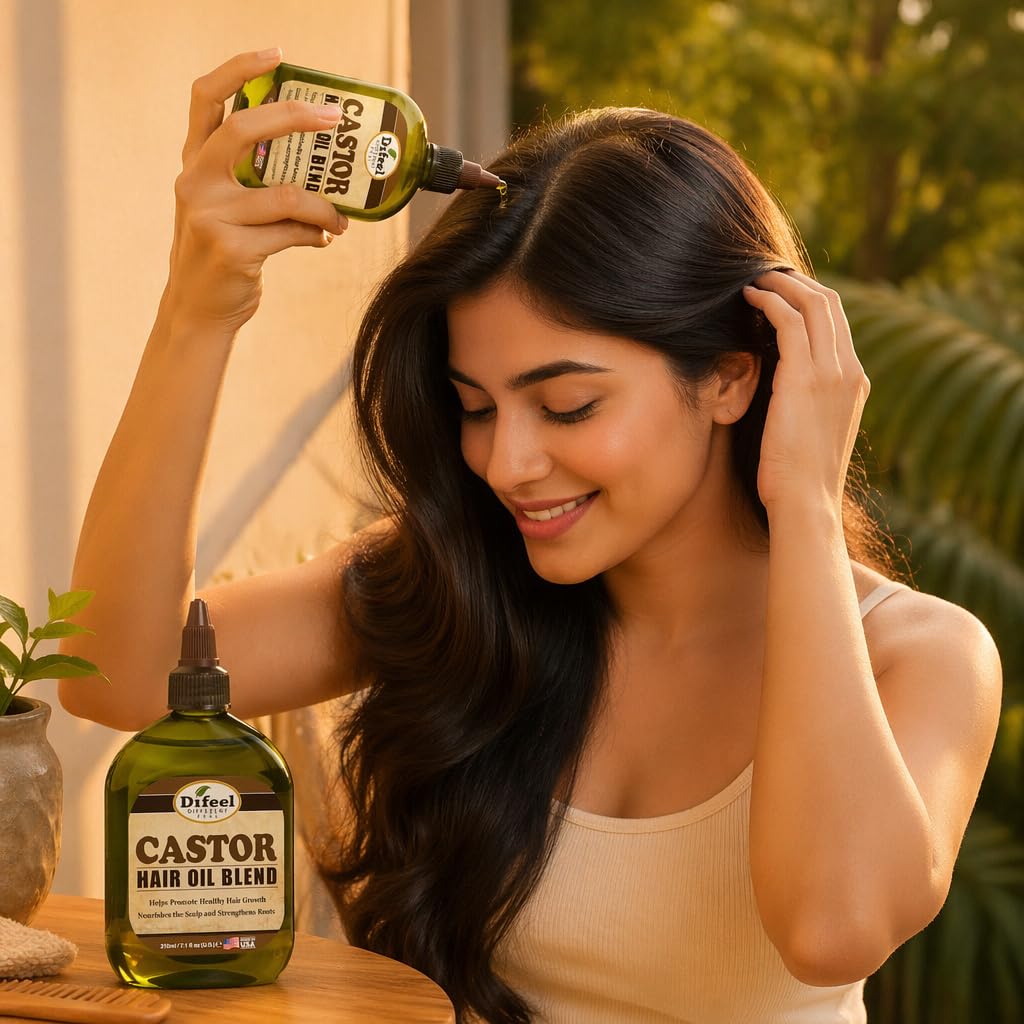 Difeel Castor Hair Oil Blend 7.1 ounce bottles on a bathroom shelf